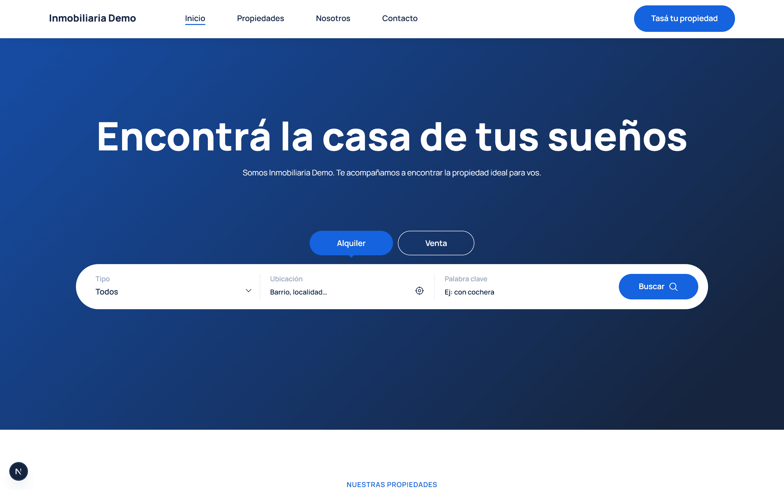 El sitio web público de una inmobiliaria hecho con El Supremo, con sus propiedades publicadas.